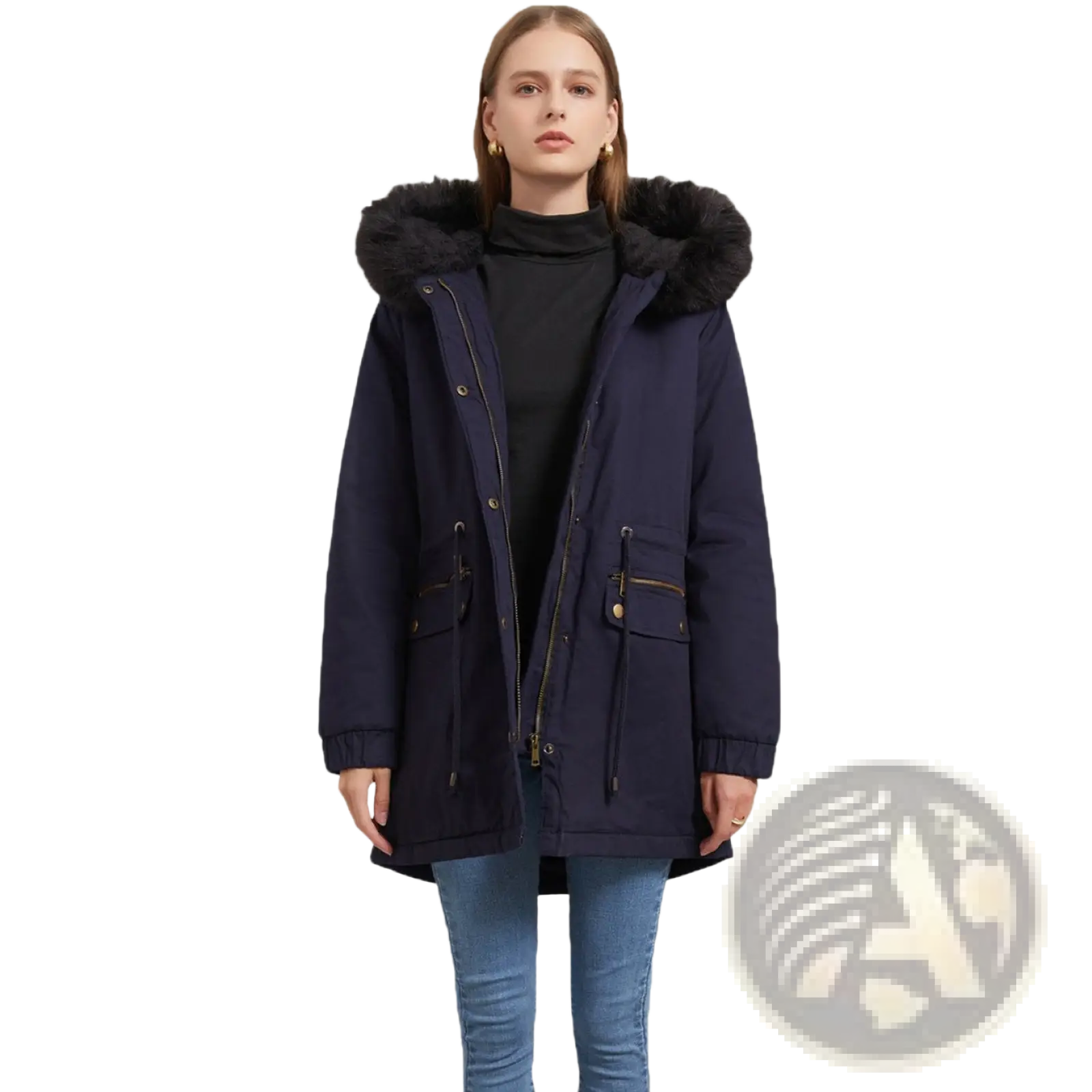 Navy blue women fur collar winter parka with black fur-lined hood gold-tone zippers cotton padded coat front view
