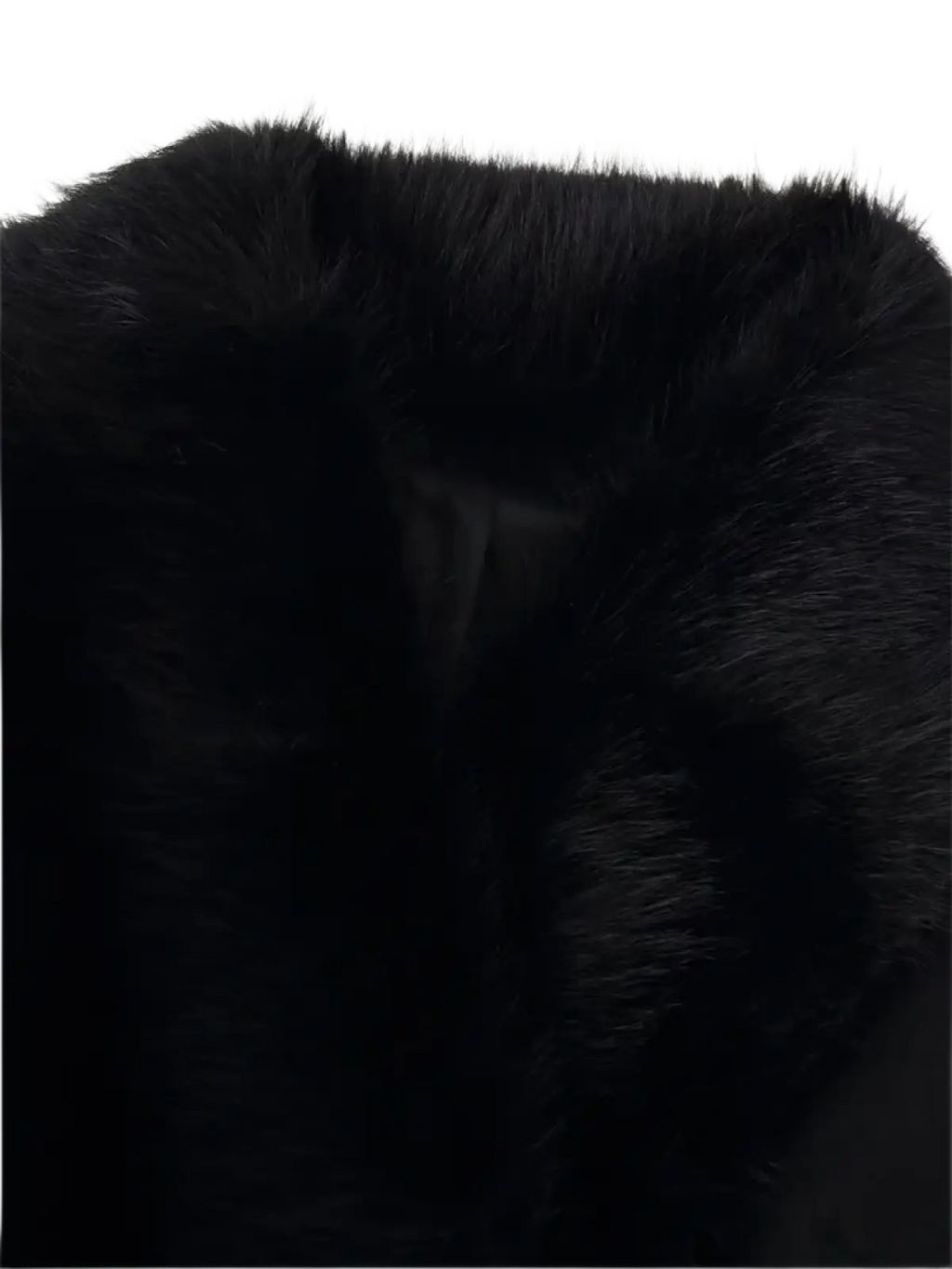 Black faux fur collar with dense plush texture on a women fur collar woolen coat for elegant warmth and style