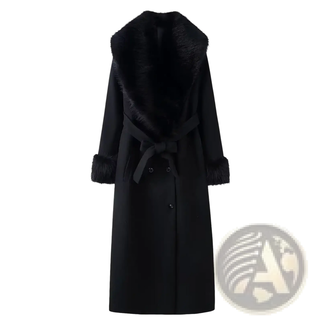 Black woolen women fur collar wool coat with plush fur collar and cuffs tied at the waist