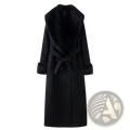 Black woolen women fur collar wool coat with plush fur collar and cuffs tied at the waist