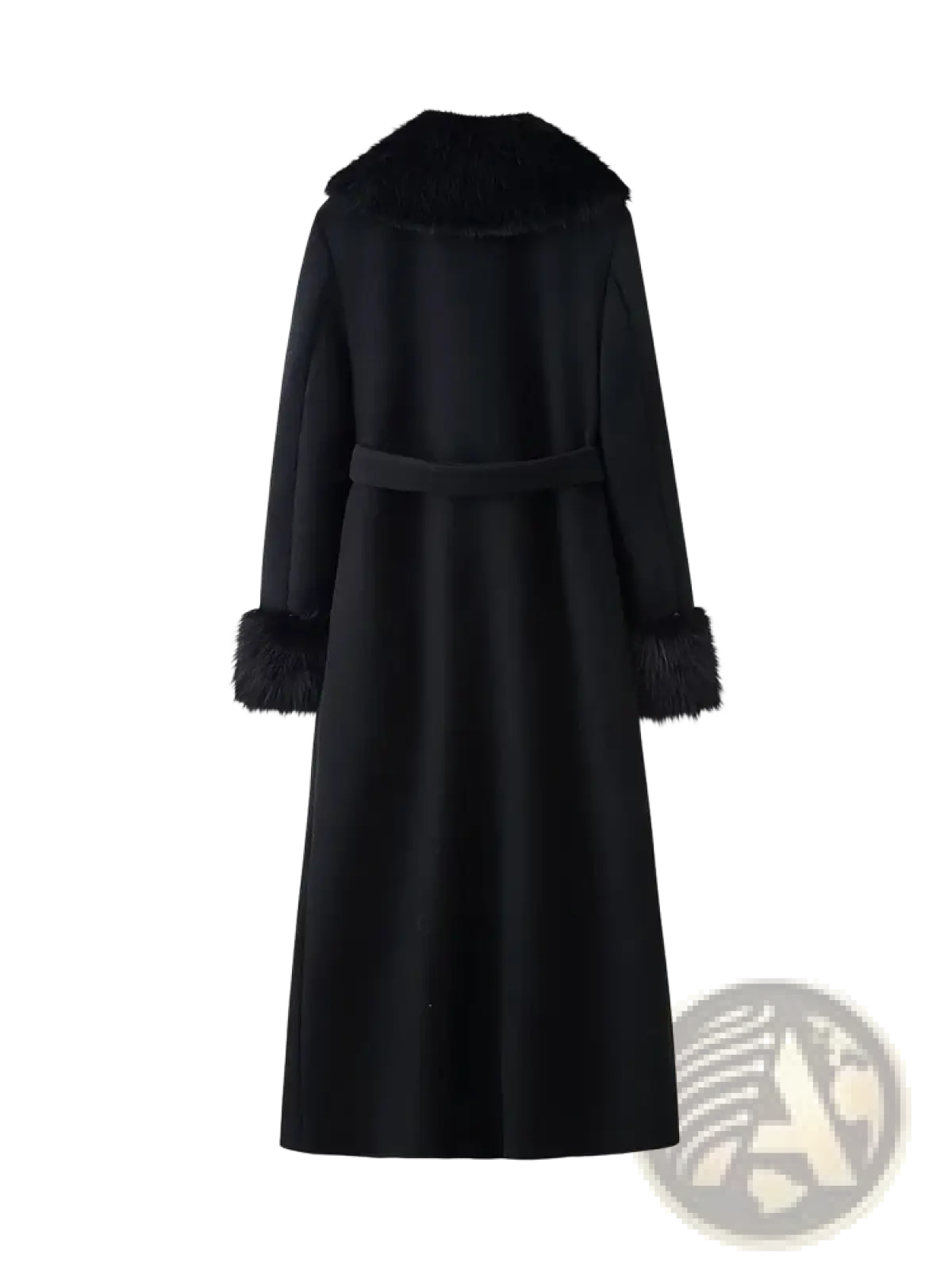 Black women fur collar woolen coat with plush fur collar and cuffs and matching belt at the waist