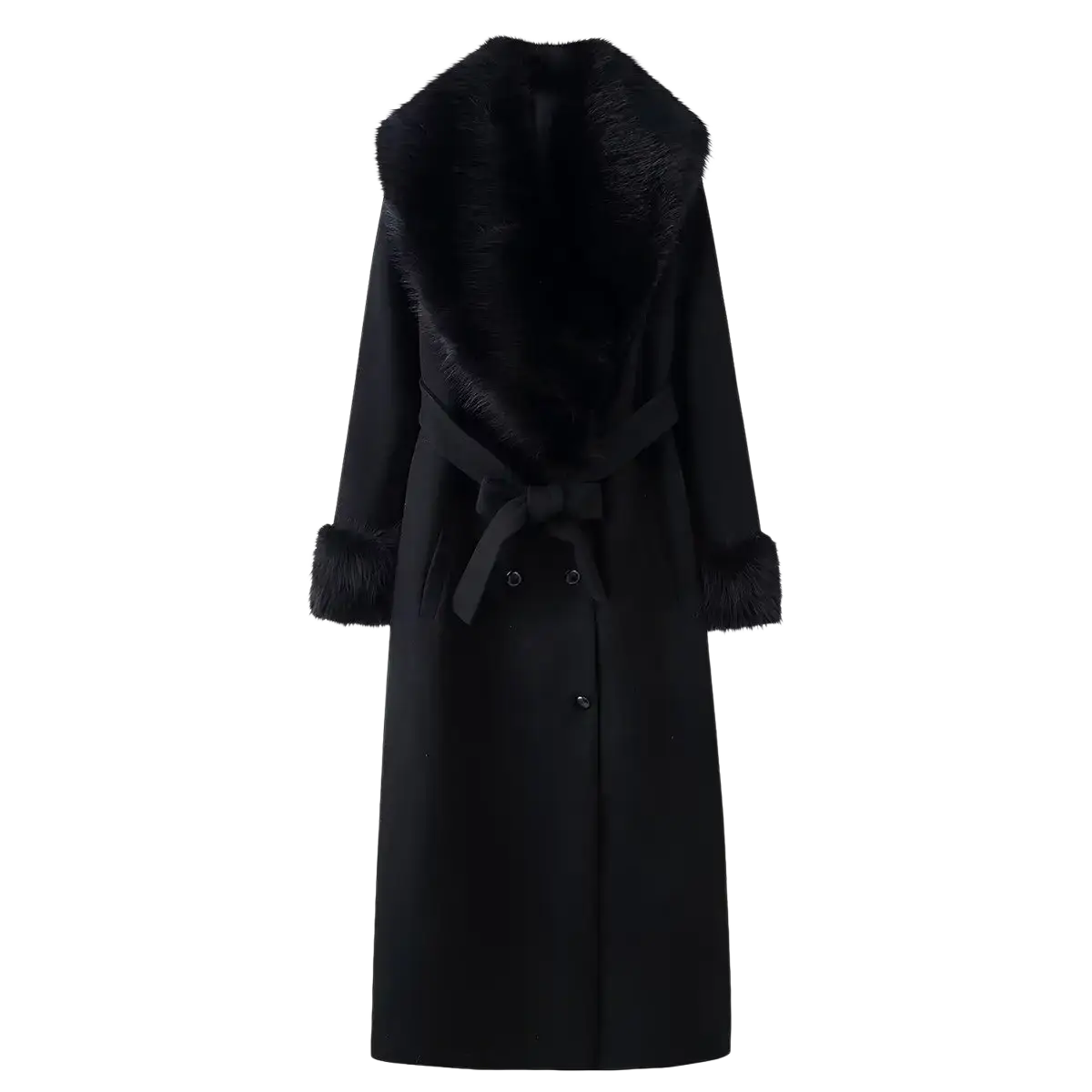 Black woolen women fur collar wool coat with plush fur collar and cuffs tied at the waist