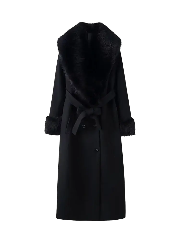 Black women fur collar woolen coat with plush fur collar and cuffs, belted waist, and double-breasted front