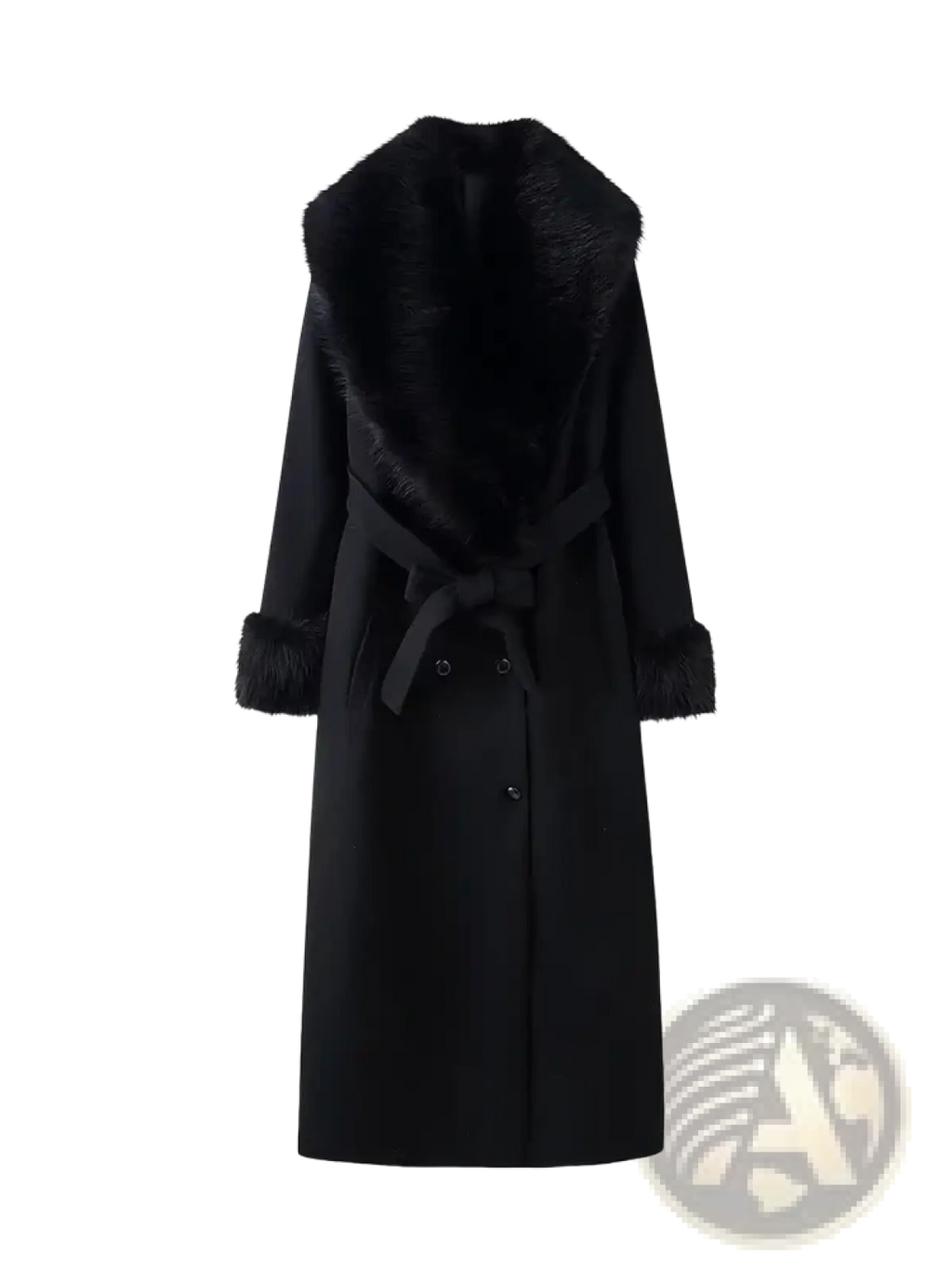 Black women fur collar woolen coat with plush fur collar and cuffs, belted waist, and double-breasted front