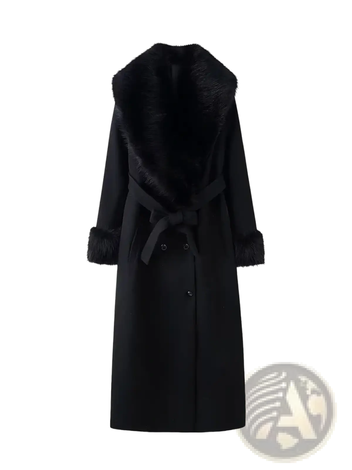 Black women fur collar woolen coat with plush fur collar and cuffs, belted waist, and double-breasted front