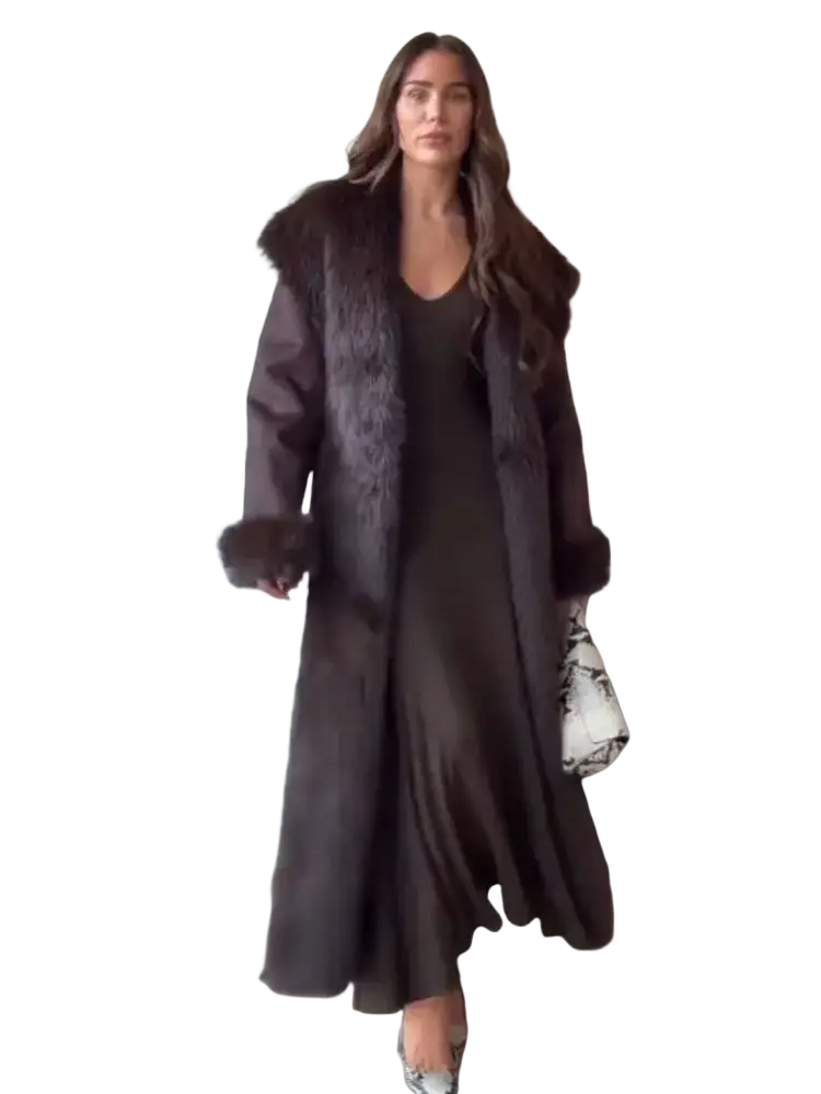 Dark brown women fur collar woolen coat with plush voluminous collar and cuffs for cold weather