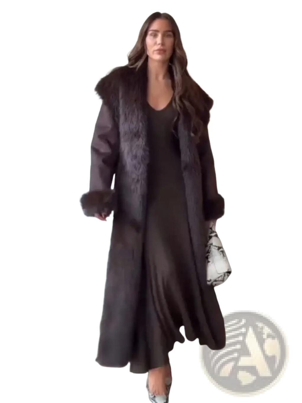 Dark brown women fur collar woolen coat with plush voluminous collar and cuffs for cold weather