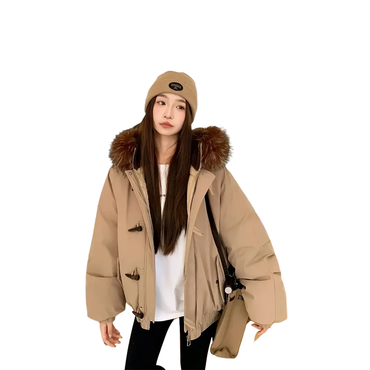Beige women fur hood winter parka with plush fur-lined hood and wooden toggle closures for cold weather wear
