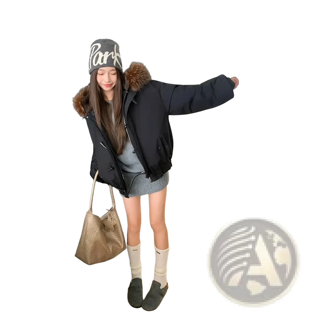 Black women’s winter parka with fur-lined hood and front zipper closure made of puffer material for cold weather
