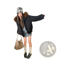 Black women’s winter parka with fur-lined hood and front zipper closure made of puffer material for cold weather