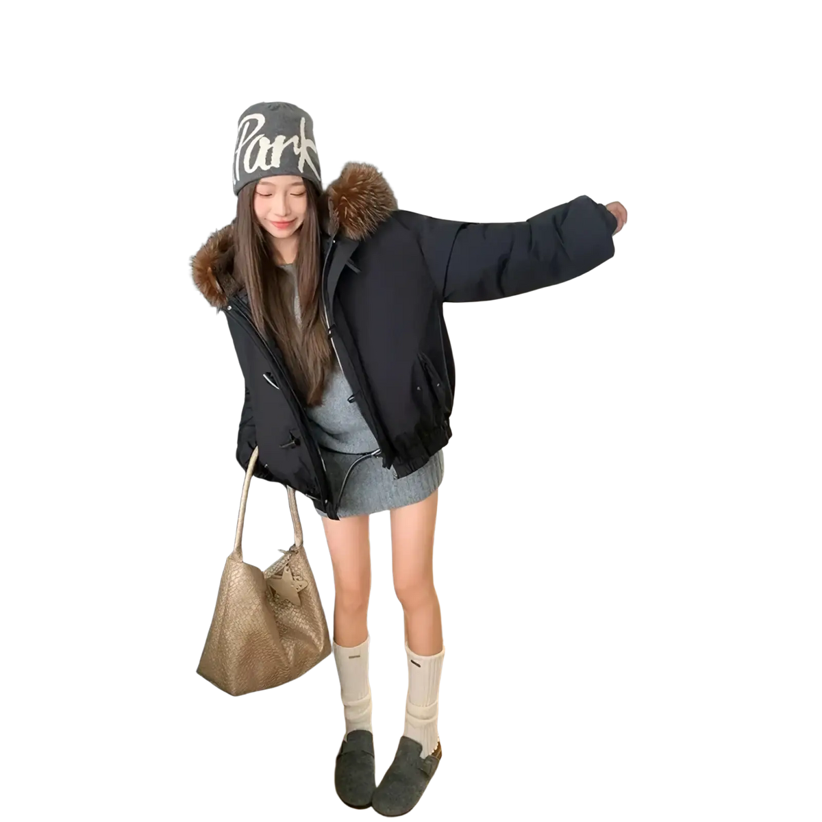 Black women’s winter parka with fur-lined hood and front zipper closure made of puffer material for cold weather