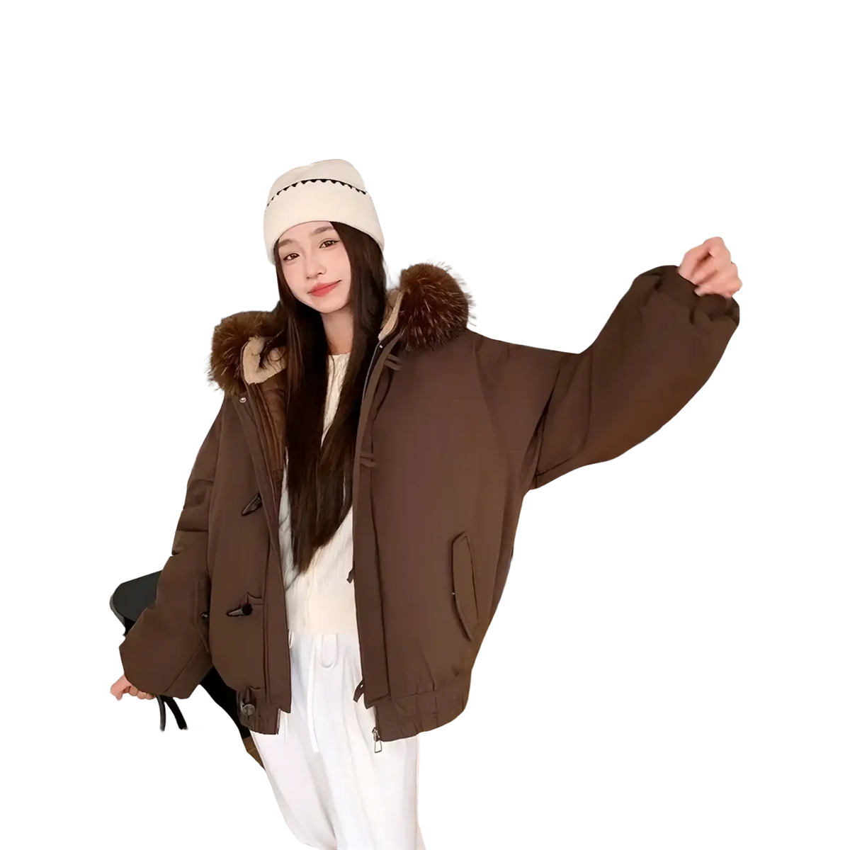 Women fur hood winter parka brown puffer jacket with fluffy fur-lined hood and toggle closures for cold weather