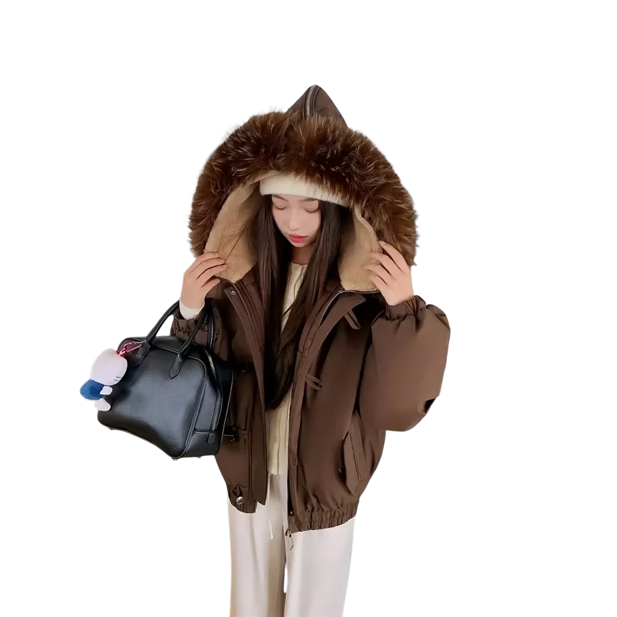 Women fur hood winter parka brown puffer jacket with plush fur-lined hood and elastic cuffs for cold weather