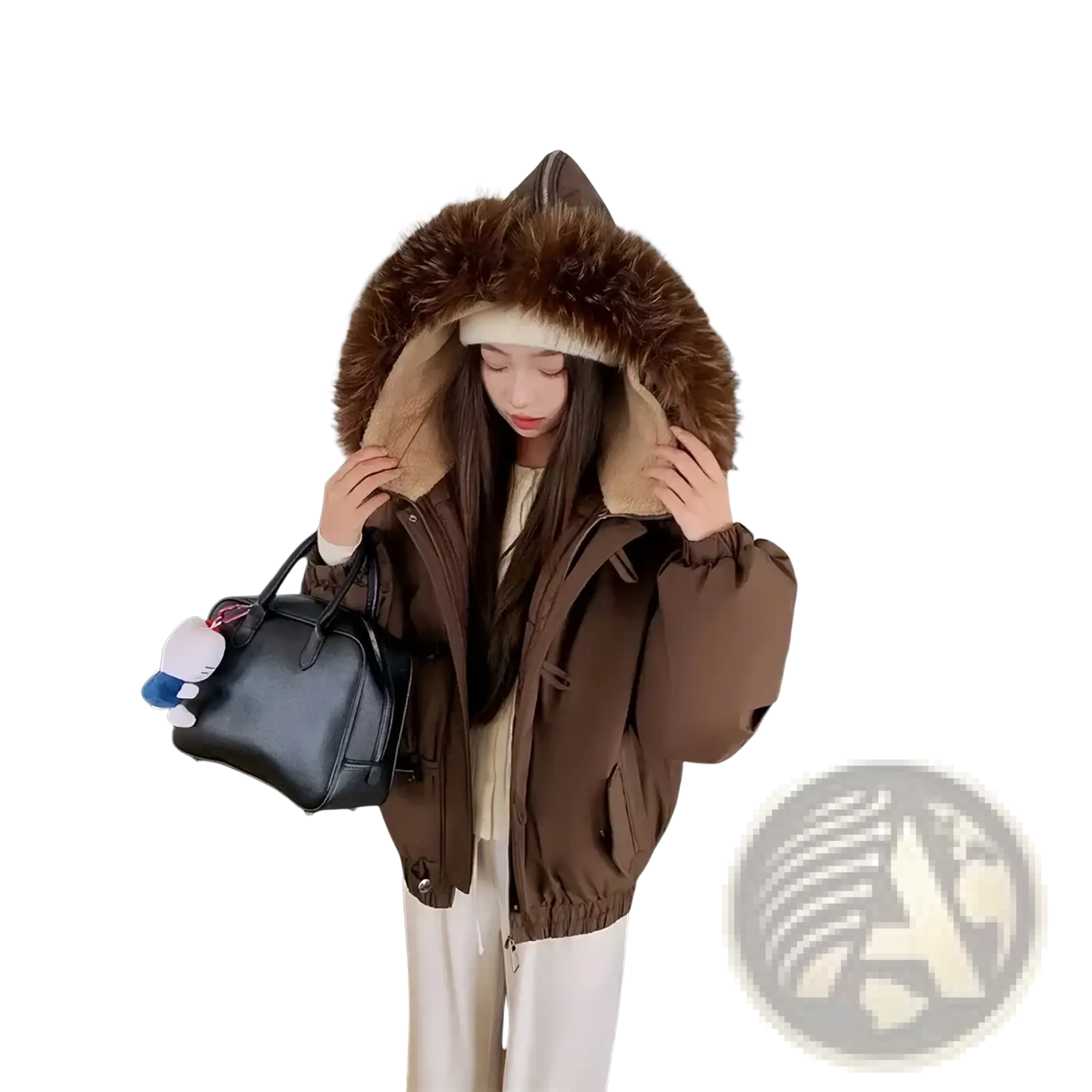 Women fur hood winter parka brown puffer jacket with plush fur-lined hood and elastic cuffs for cold weather