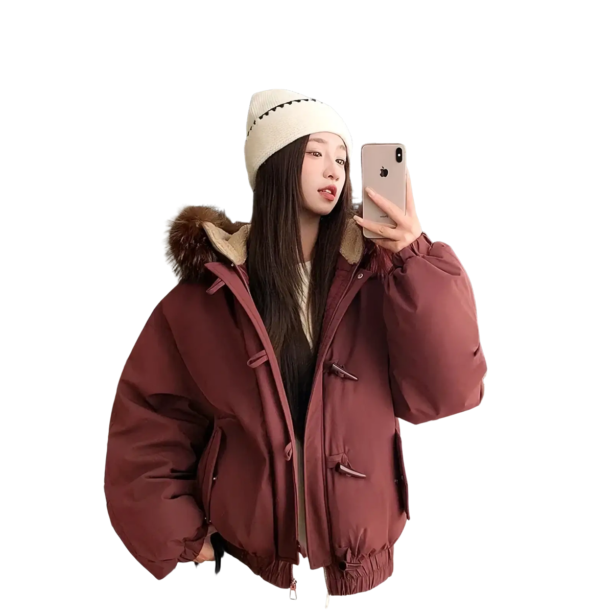 A cozy maroon women fur hood winter parka with a fur-lined hood and toggle closures for cold weather