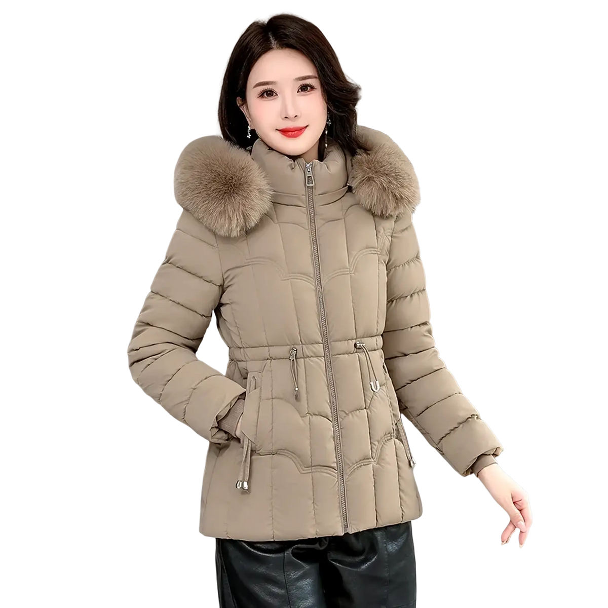 Beige quilted women fur hood winter parka jacket with plush fur-lined hood and adjustable drawstring waist for cold weather