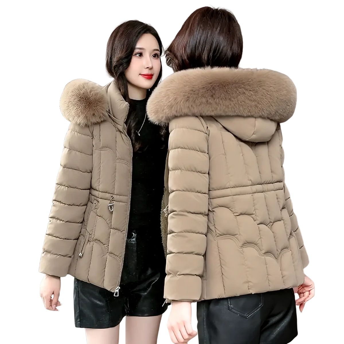 Women fur hood winter parka jacket in beige quilted puffer style with plush tan fur-lined hood for cold weather