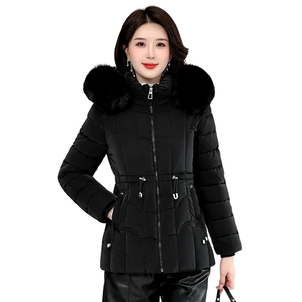 Women fur hood winter parka jacket black quilted winter coat with plush fur-lined hood and drawstring waist