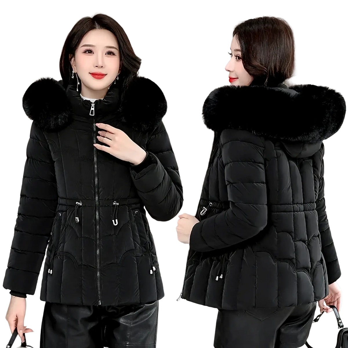 Women fur hood winter parka jacket in black quilted fabric with plush faux fur-lined hood and drawstring waist