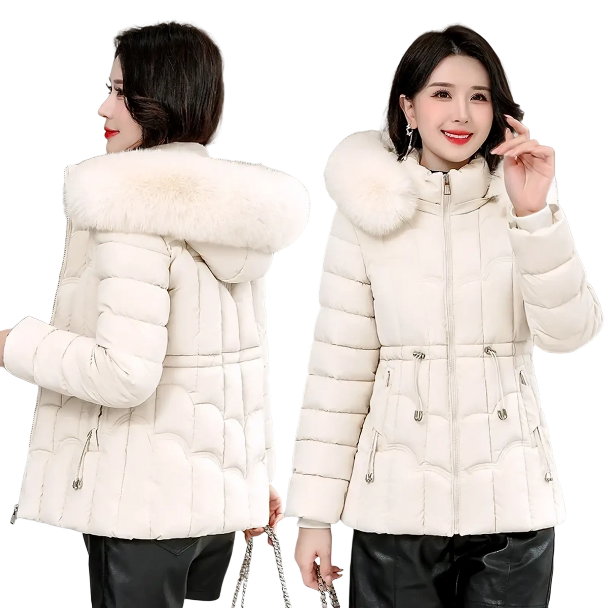 Women fur hood winter parka jacket cream quilted with plush white fur-lined hood and silver-toned zipper details