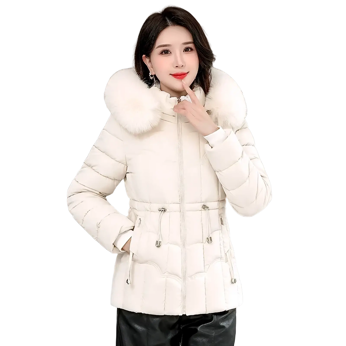 Women fur hood winter parka jacket cream-colored quilted coat with plush white fur-lined hood and silver drawstrings