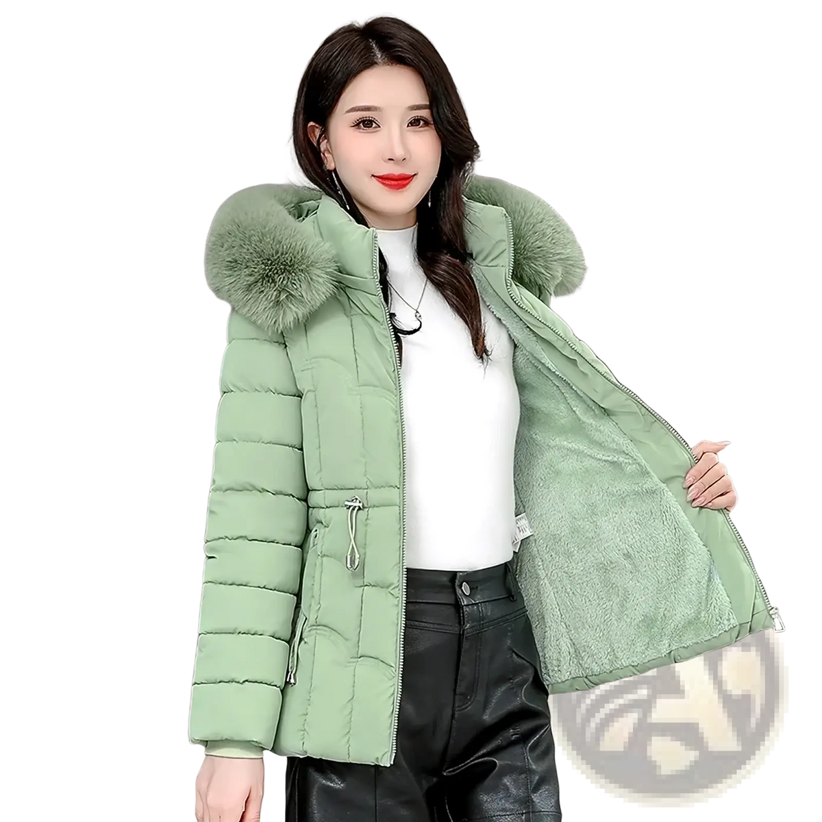A mint green quilted women fur hood winter parka jacket with plush fur-lined hood and soft fleece lining