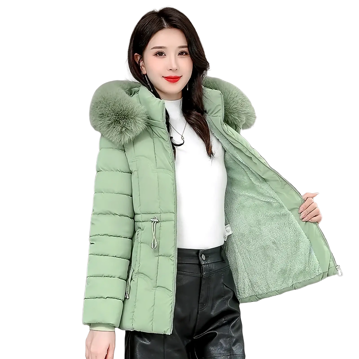 A mint green quilted women fur hood winter parka jacket with plush fur-lined hood and soft fleece lining