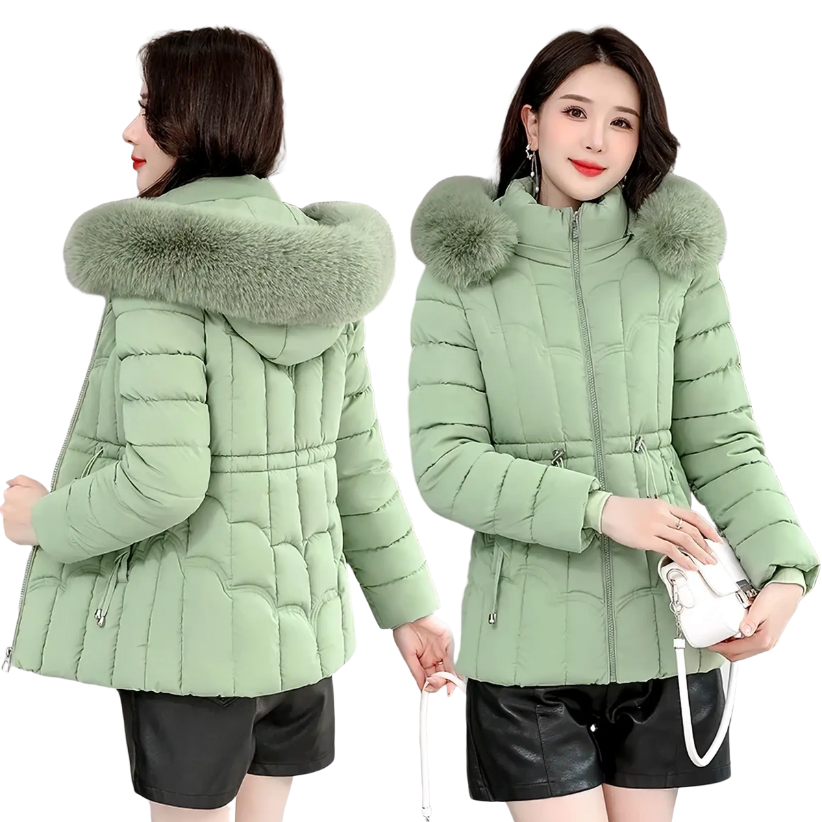 Women fur hood winter parka jacket mint green quilted puffer coat with plush fur-lined hood for cold weather wear