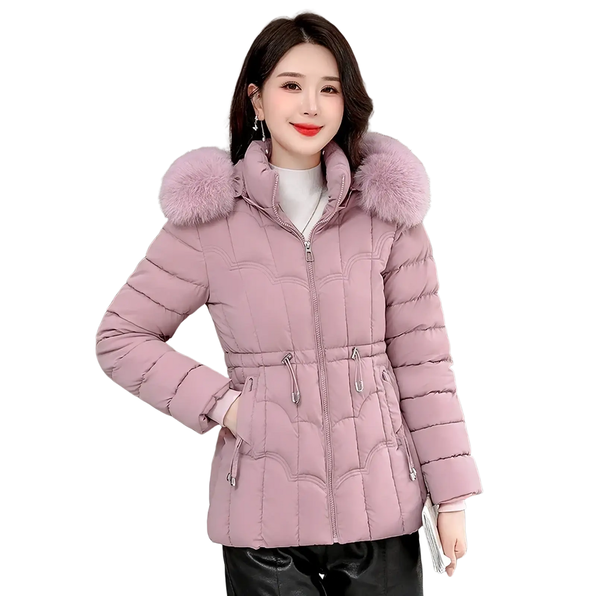 Pink quilted women fur hood winter parka jacket with fluffy fur-lined hood and adjustable drawstring waist