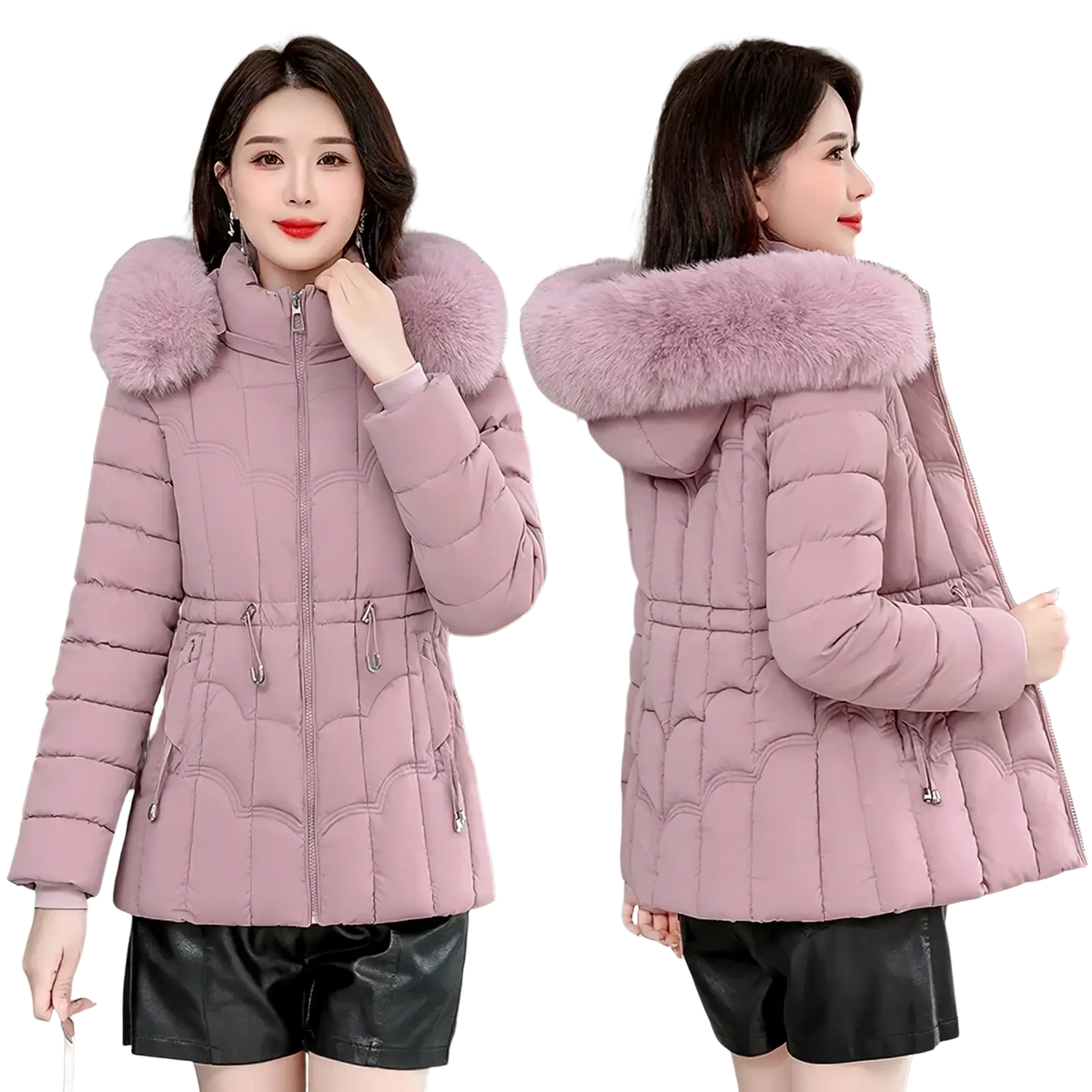 Women fur hood winter parka jacket soft pink quilted with plush matching fur-lined hood and side pockets for winter wear