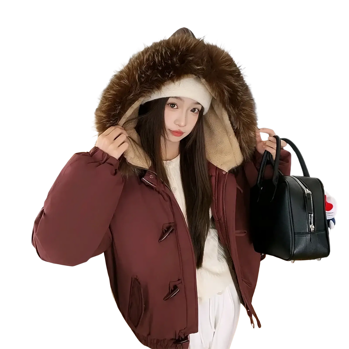 Women fur hood winter parka maroon coat with plush brown fur-lined hood and toggle closures for cold weather