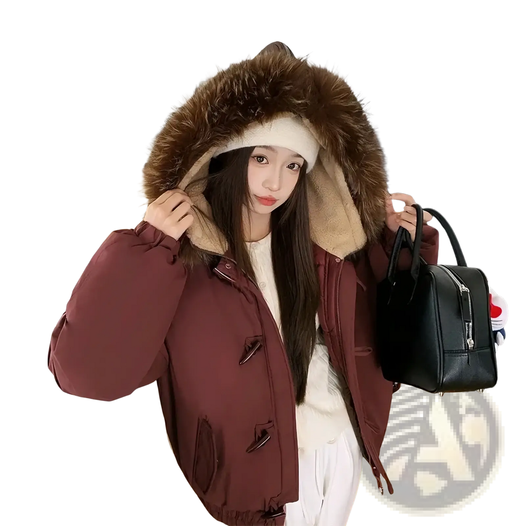 Women fur hood winter parka maroon coat with plush brown fur-lined hood and toggle closures for cold weather