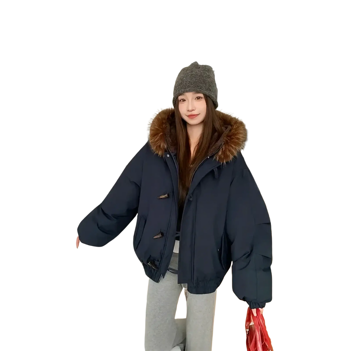 Navy blue women fur hood winter parka with plush brown fur-lined hood and toggle closures for cold weather