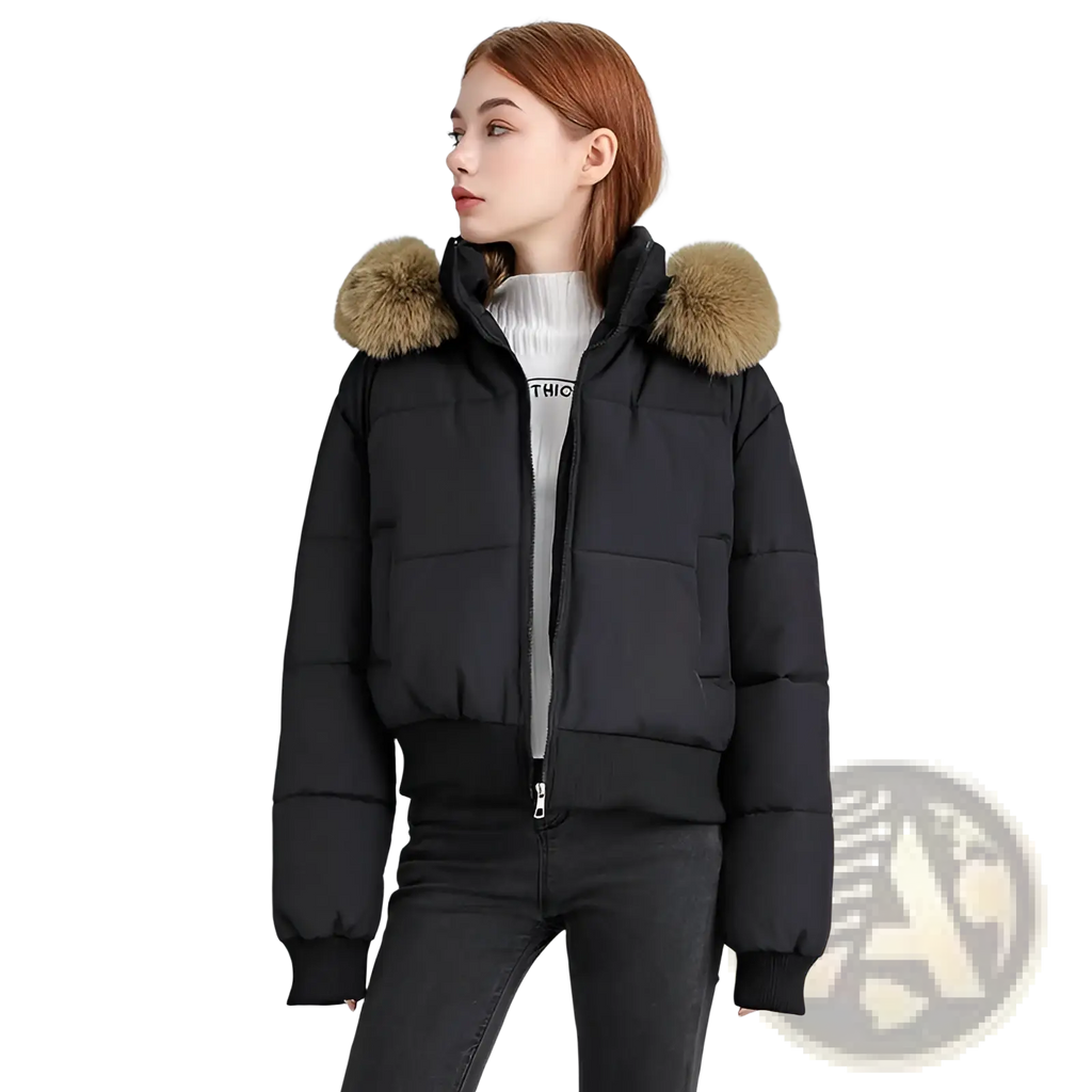 Black women fur hooded puffer jacket with plush tan fur-lined hood for warmth and style in cold weather