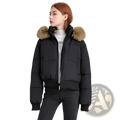 Black women fur hooded puffer jacket with plush tan fur-lined hood for warmth and style in cold weather