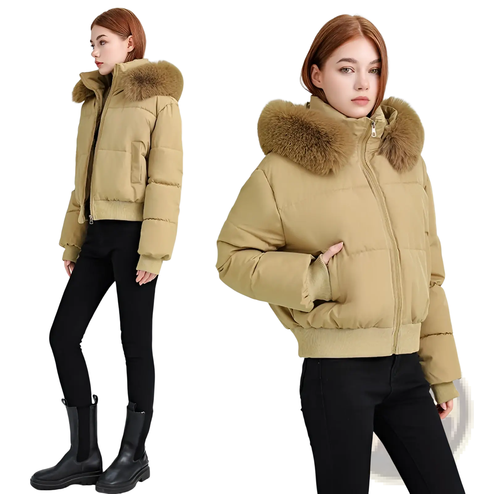 Beige women fur hooded puffer jacket with plush brown fur-lined hood for winter warmth and style