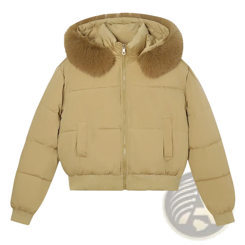Beige women fur hooded puffer jacket with plush tan fur-lined hood and quilted design for cold weather
