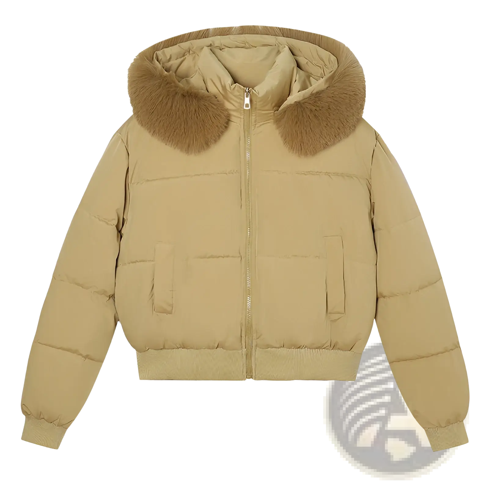Beige women fur hooded puffer jacket with plush tan fur-lined hood and quilted design for cold weather