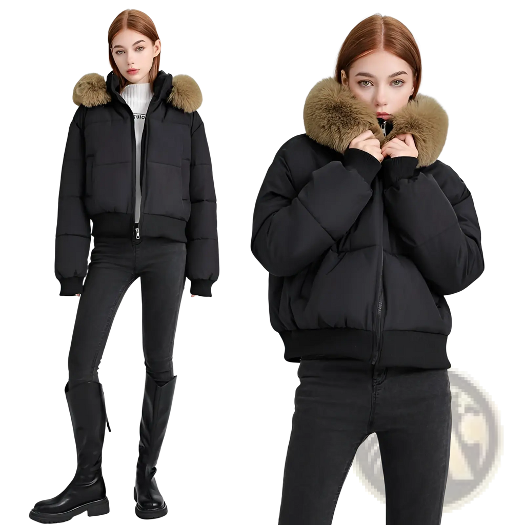 Black women’s puffer jacket with plush tan fur-lined hood designed for warmth and style