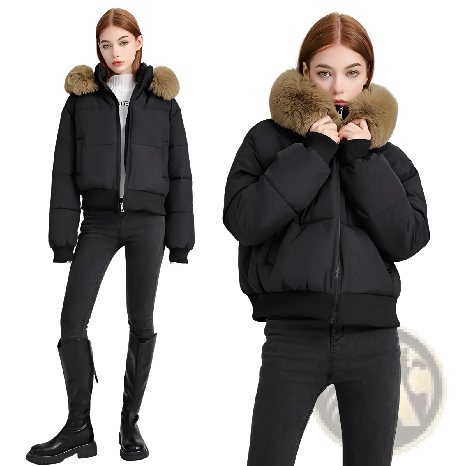 Black women’s puffer jacket with plush tan fur-lined hood designed for warmth and style