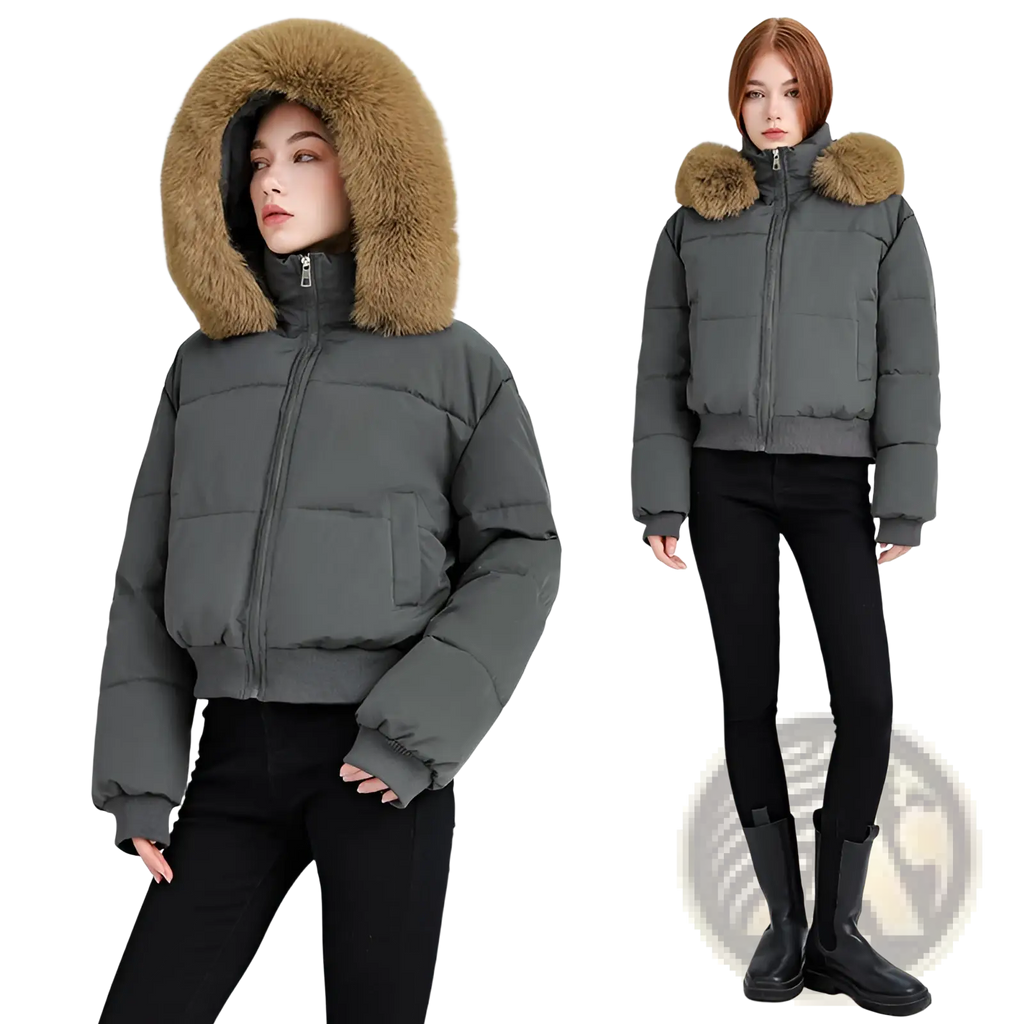Gray women fur hooded puffer jacket with plush tan fur lining designed for warmth and winter use