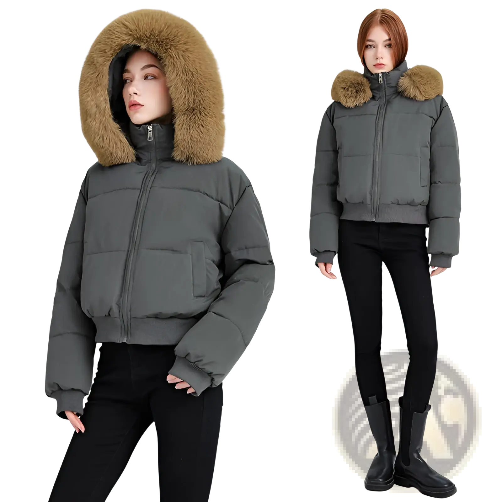 Gray women fur hooded puffer jacket with plush tan fur lining designed for warmth and winter use