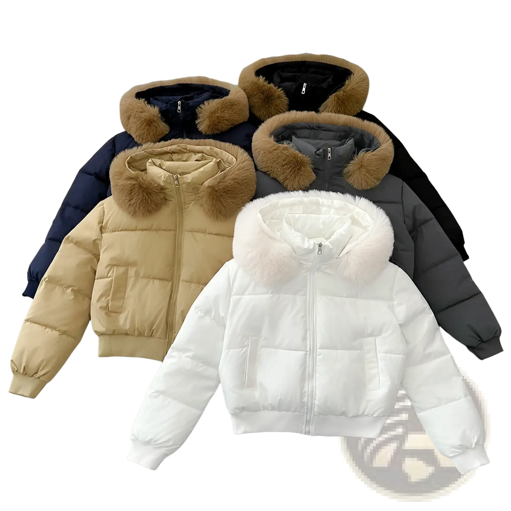 White women’s fur hooded puffer jacket with fluffy white fur trim and quilted design for cold weather wear