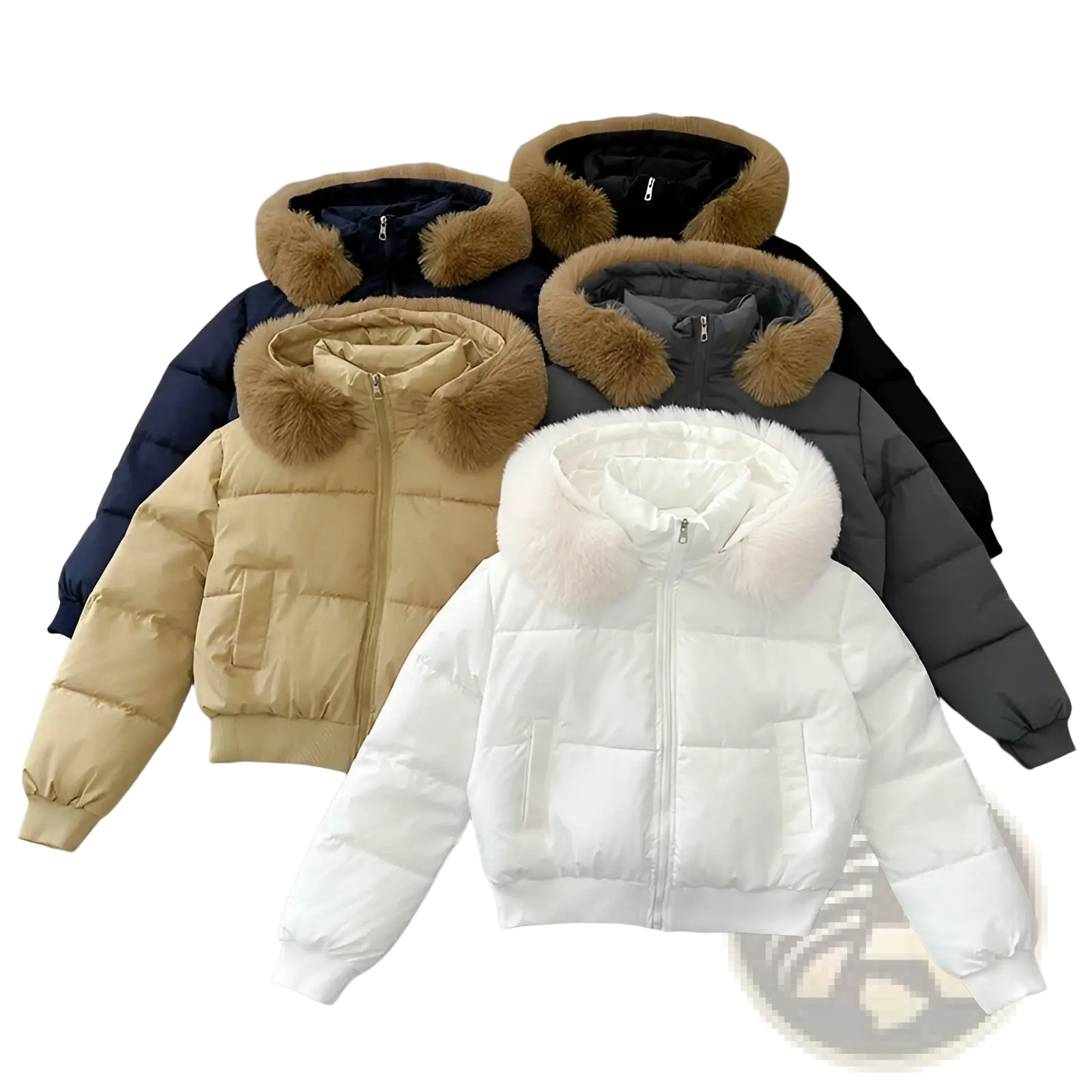 White women’s fur hooded puffer jacket with fluffy white fur trim and quilted design for cold weather wear