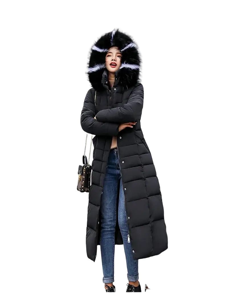 Black quilted women fur hooded parka winter coat with plush fur-lined hood and white and black striped trim