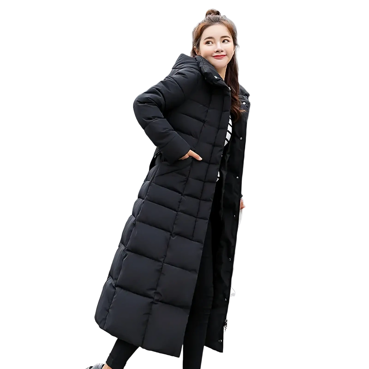 Black quilted puffer coat with fur hood and front zipper closure designed for winter wear