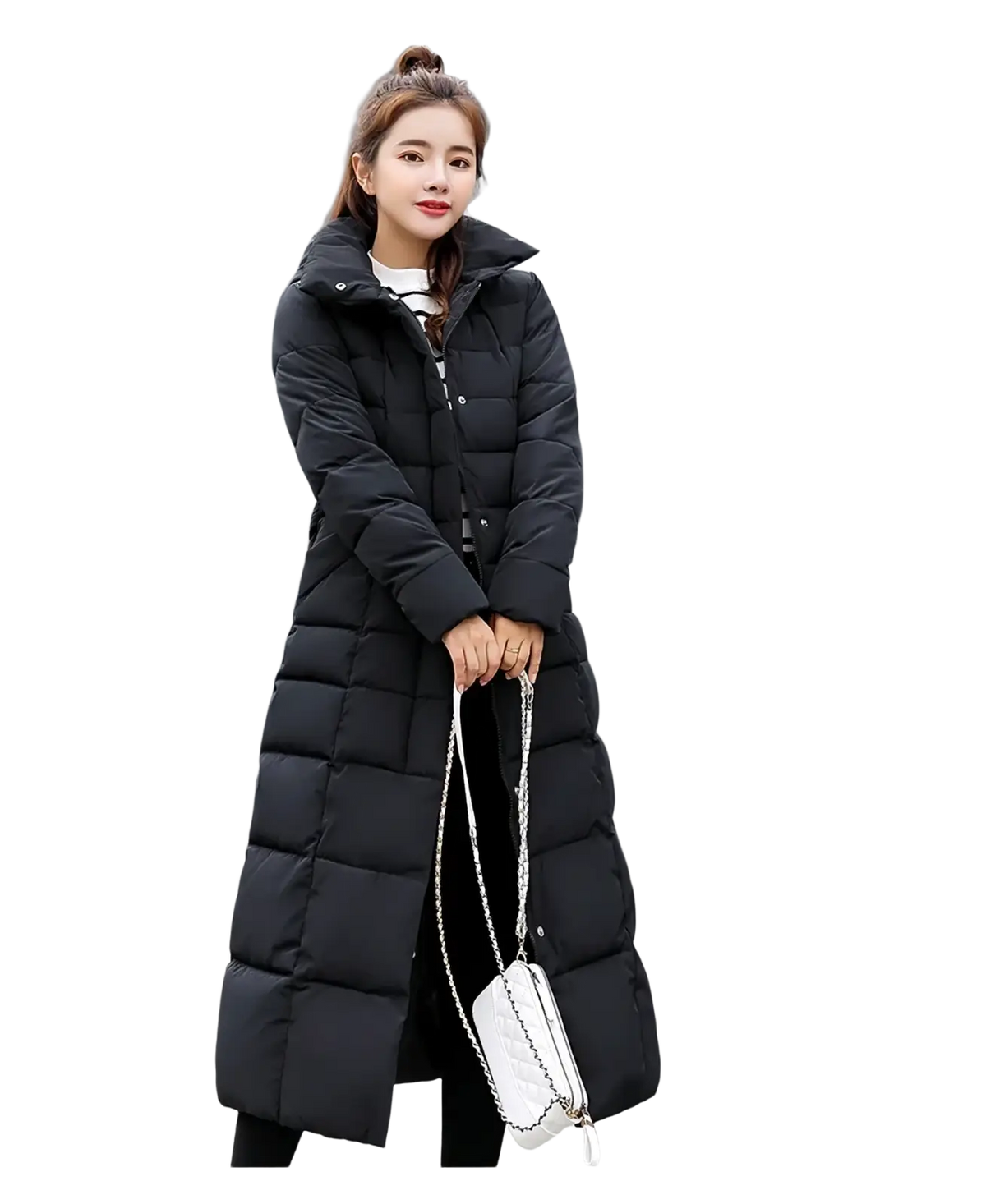 Black quilted puffer coat with high collar and front zipper closure for women fur hooded winter parka
