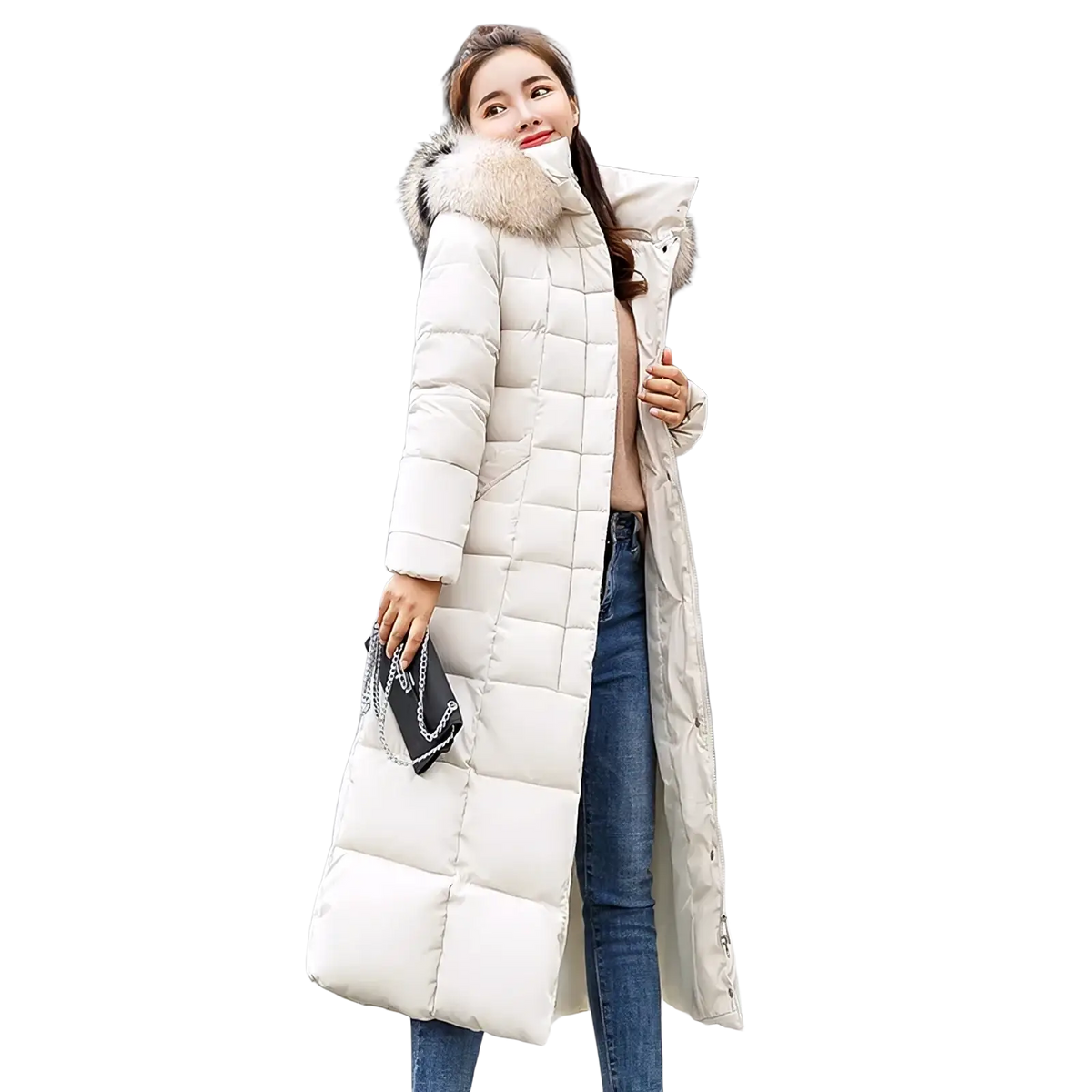 Cream-colored quilted winter coat for women with a fluffy fur-lined hood designed for cold weather use
