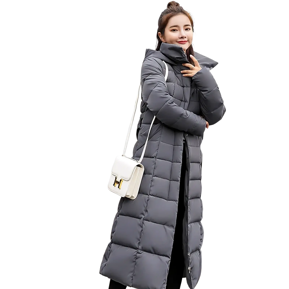 Women fur hooded quilted parka winter coat in dark gray with high collar and long sleeves in quilted puffer design