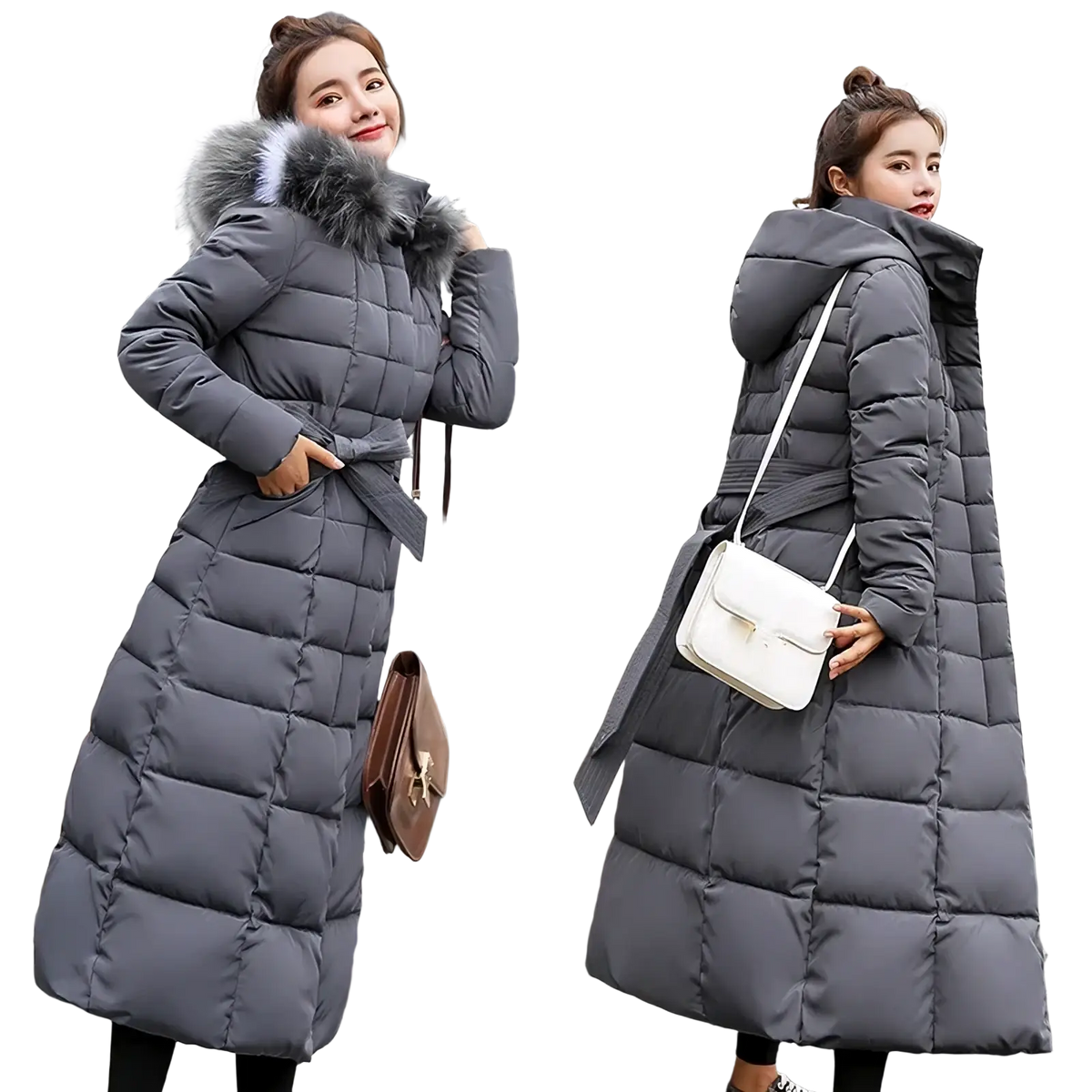 Gray quilted women fur hooded parka winter coat with belt detail designed for cold weather wear